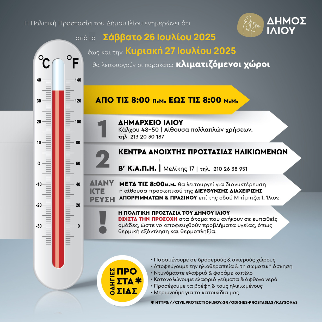 Σε ετοιμότητα ο Δήμος Ιλίου λόγω υψηλών θερμοκρασιών 26&27/7/2025