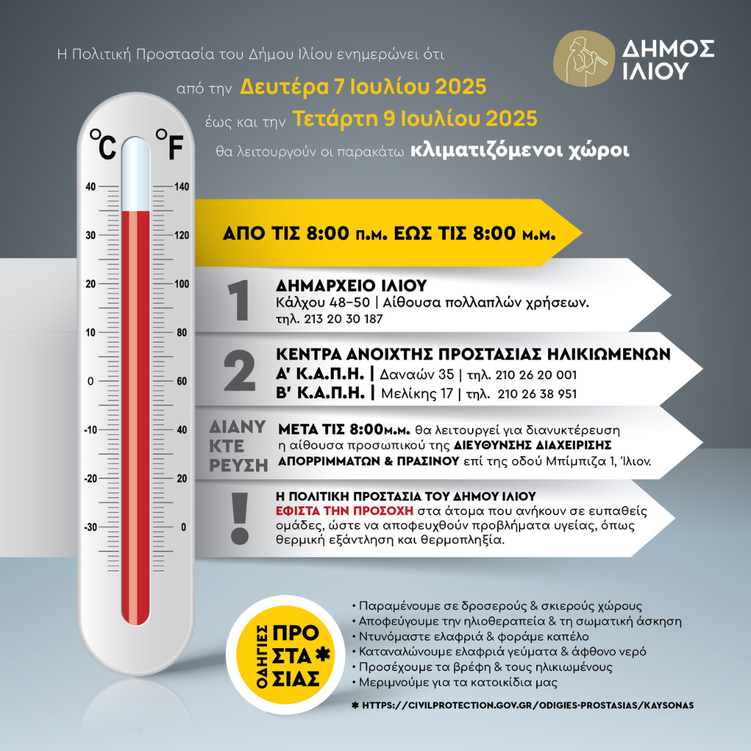 Σε ετοιμότητα ο Δήμος Ιλίου λόγω υψηλών θερμοκρασιών 7-9/07/2025