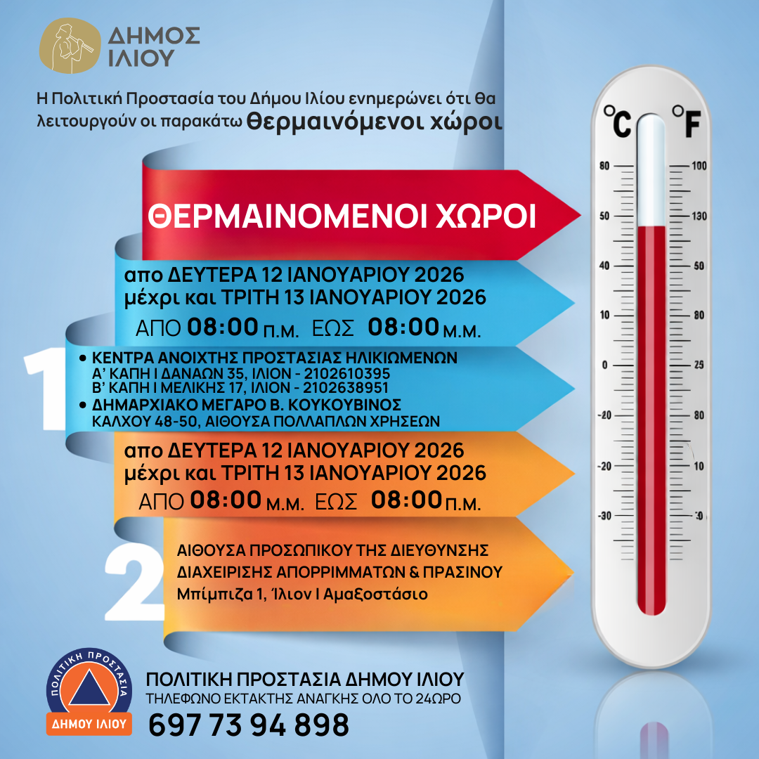 Διαθέσιμοι Θερμαινόμενοι Χώροι στον Δήμο Ιλίου (12-13/1/2026)